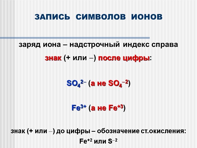 ЗАПИСЬ  СИМВОЛОВ  ИОНОВ заряд иона – надстрочный индекс справа знак (+ или